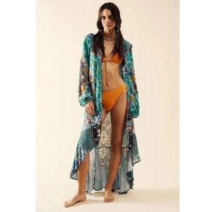 NWOT Free People Marais Printed High-Low Midi Dress- Emerald Combo